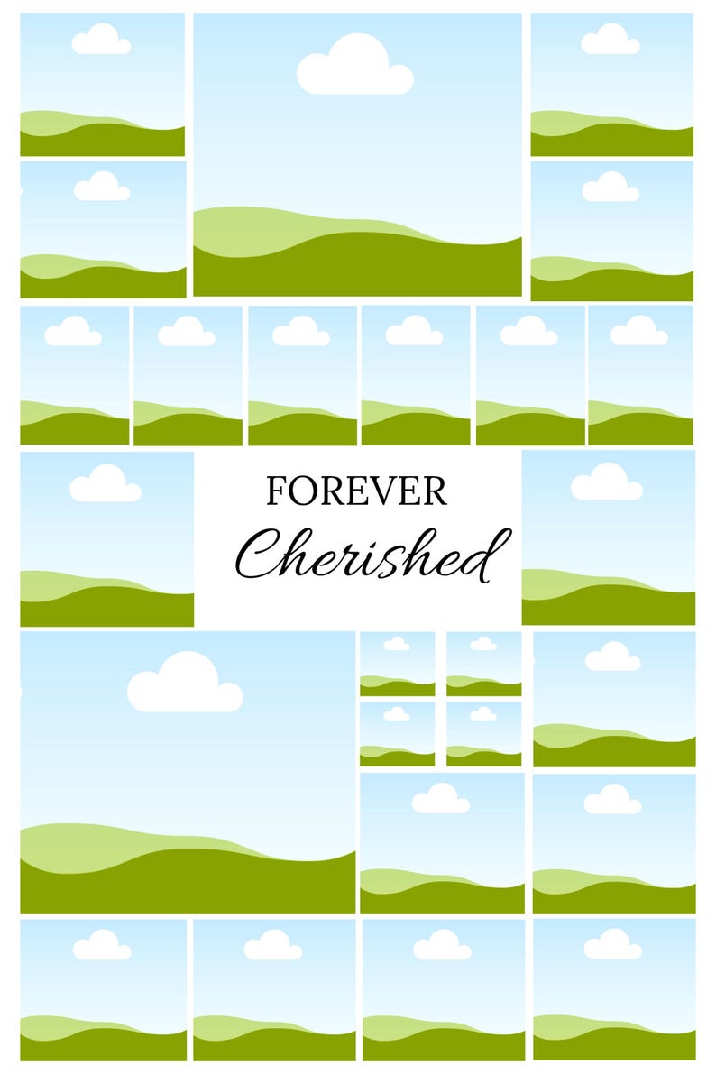 Pu&ograve; includere: Un collage digitale di 16 immagini con un cielo blu con nuvole bianche e colline verdi ondulate. Il testo "FOREVER Cherished" &egrave; centrato al centro del collage.