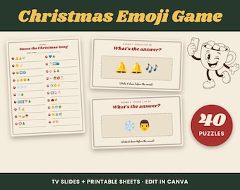 Christmas Emoji Game, Guess the Christmas Song Emoji Quiz, Funny Retro Holiday Party Game for Family, Editable Canva TV Slides and Printable