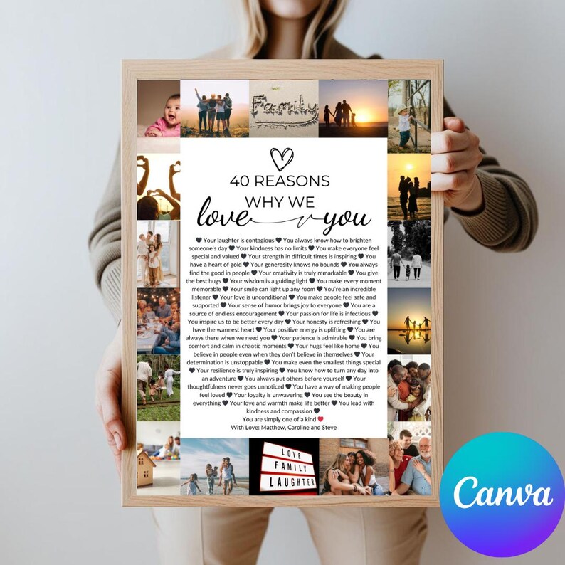 Puede incluir: Un collage de fotos con un texto superpuesto en blanco y negro que dice "40 razones por las que te amamos". El texto incluye una lista de razones por las que alguien es amado, como su risa, su amabilidad, su fuerza y su generosidad. El collage est&aacute; enmarcado en un marco de madera marr&oacute;n.