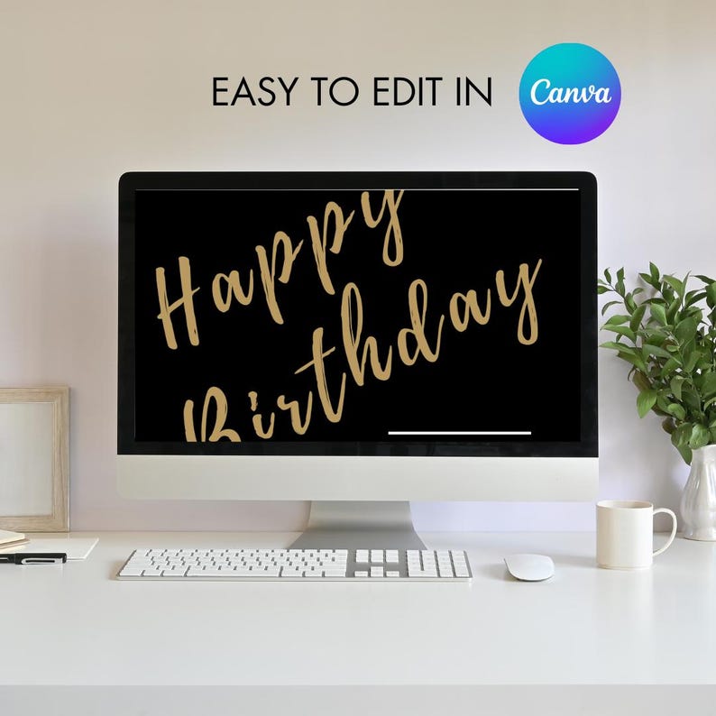 Op de afbeelding: Een computerscherm met een zwarte achtergrond waarop de tekst "Happy Birthday" in gouden letters staat. De tekst is gemakkelijk te bewerken in Canva.