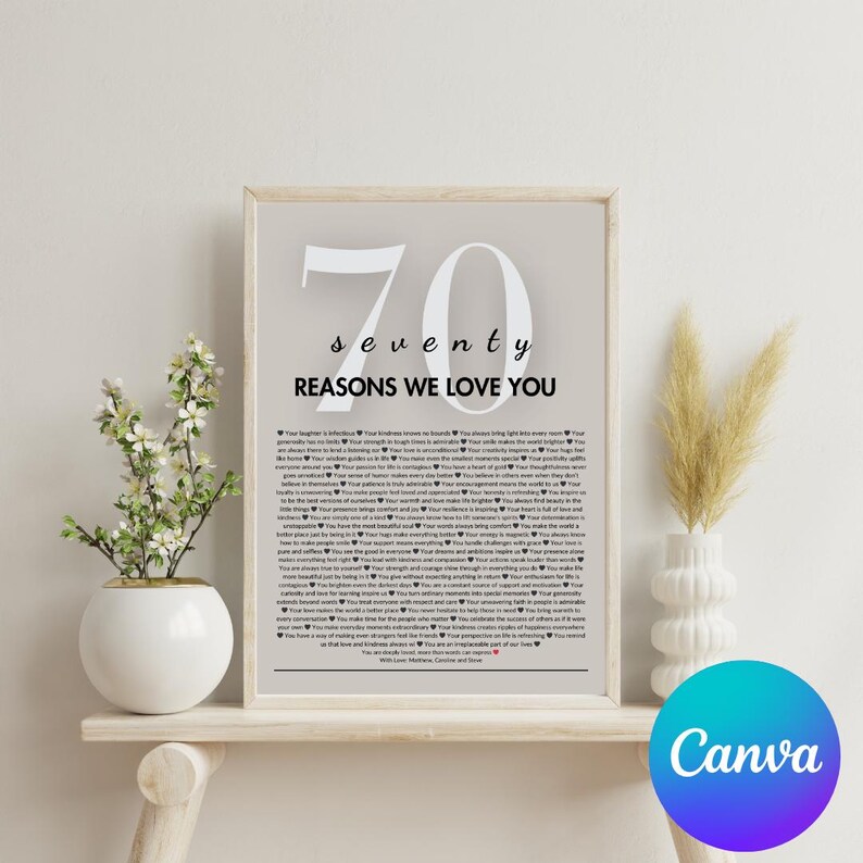 May include: A printable poster with a white background and black text. The poster features the number 70 in large white font, followed by the word "seventy" in smaller white font. Below the number is the text "Reasons We Love You" in black font. The poster is filled with 70 reasons why someone is loved, written in black font.