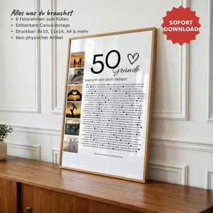 Personalisiertes Geschenk zum 50. Geburtstag – Fotocollage, 50 Gründe warum wir dich lieben, Canva Vorlage image 1