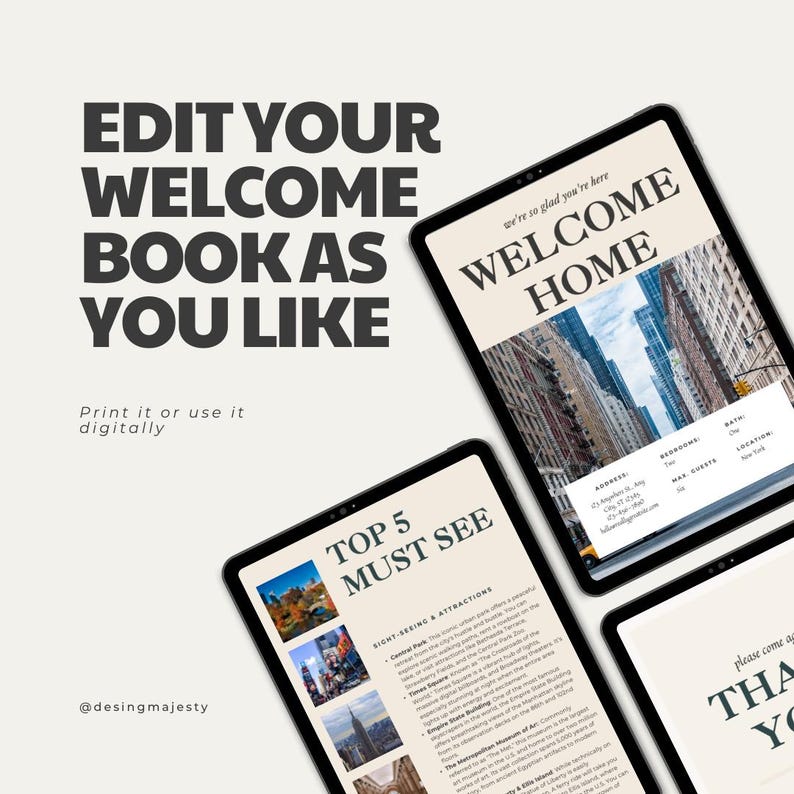 May include: A digital welcome book template with a cityscape background. The text "Welcome Home" is displayed in a large font. The template includes sections for top 5 must-see attractions, sight-seeing and attractions, and a thank you message.