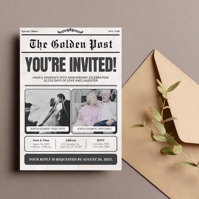 Peut inclure: Une invitation de style journal pour une c&eacute;l&eacute;bration de 50e anniversaire. Le titre indique "Vous &ecirc;tes invit&eacute;s !" avec les noms du couple et la date et l'heure de l'&eacute;v&eacute;nement. L'invitation pr&eacute;sente deux photos du couple, l'une de leur jour de mariage et l'autre de nos jours. Le texte "John & Sharon's 50th Anniversary Celebration 18,250 Days of Love and Laughter." est inclus.