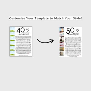 May include: Two printable templates for a list of reasons to love someone. The first template has a background of green hills and blue sky with the number 40 and the text "reasons we love you". The second template has a collage of photos with the number 50 and the text "reasons we love you".