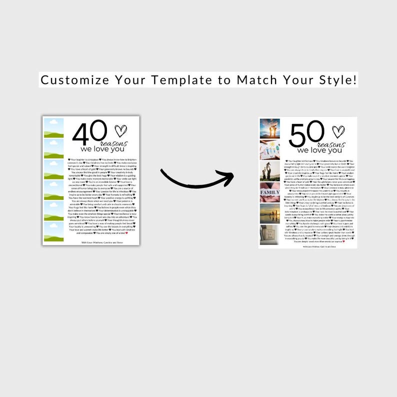 May include: Two printable templates for a list of reasons to love someone. The first template has a background of green hills and blue sky with the number 40 and the text "reasons we love you". The second template has a collage of photos with the number 50 and the text "reasons we love you".