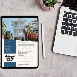May include: A digital tablet displaying a welcome to Beach House brochure with a photo of a beach house and text that says "Relax and enjoy the waves!"