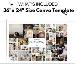 K&ouml;nnte beinhalten: Eine Collage aus Hochzeitsfotos in einem Canva-Template mit den Ma&szlig;en 91,44 x 60,96 cm. Die Fotos sind in einem Raster angeordnet und zeigen Bilder von Braut und Br&auml;utigam, Eheringen, Blumen und anderen Hochzeitsdetails. Der Text "Our Best Day" ist in der Mitte der Collage zu sehen.