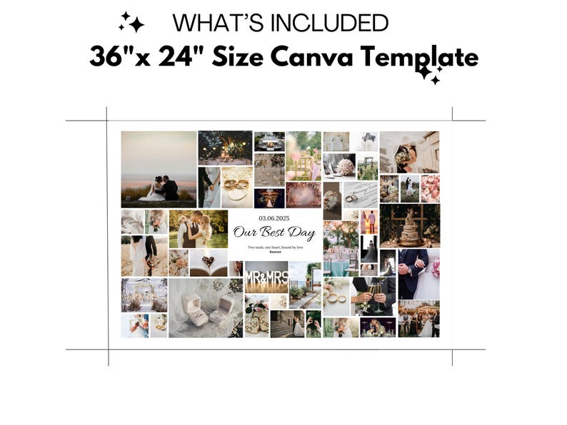 K&ouml;nnte beinhalten: Eine Collage aus Hochzeitsfotos in einem Canva-Template mit den Ma&szlig;en 91,44 x 60,96 cm. Die Fotos sind in einem Raster angeordnet und zeigen Bilder von Braut und Br&auml;utigam, Eheringen, Blumen und anderen Hochzeitsdetails. Der Text "Our Best Day" ist in der Mitte der Collage zu sehen.
