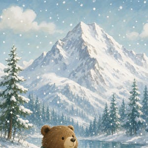 May include: A brown bear head is positioned in the foreground of a winter landscape. The scene features a large, snow-covered mountain peak under a light blue sky with clouds. A forest of snow-dusted pine trees surrounds a river during a snowfall.