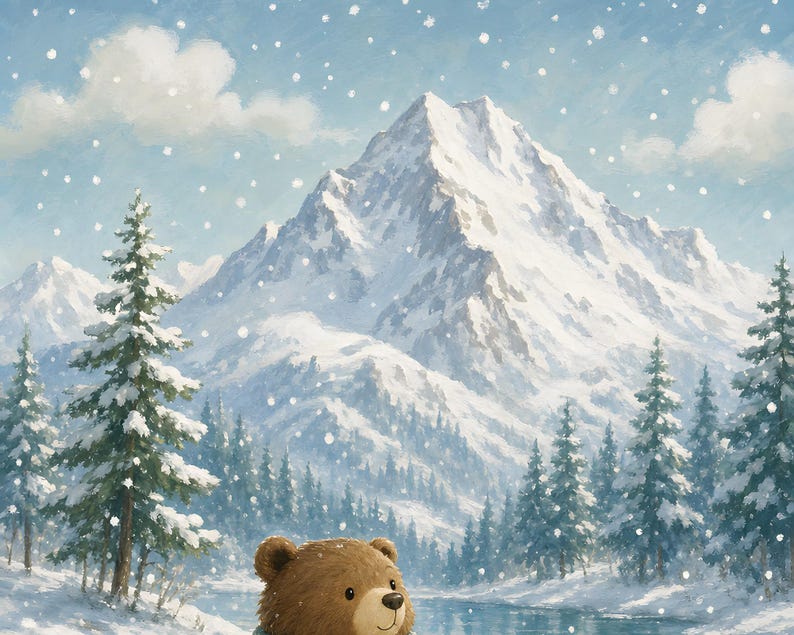 May include: A brown bear head is positioned in the foreground of a winter landscape. The scene features a large, snow-covered mountain peak under a light blue sky with clouds. A forest of snow-dusted pine trees surrounds a river during a snowfall.
