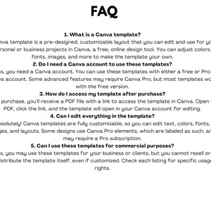 May include: A white background with black text answering frequently asked questions about Canva templates. The text includes questions like "What is a Canva template?" and "Can I edit everything in the template?"