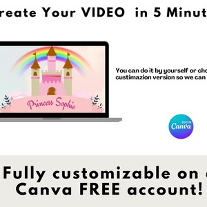 May include: A laptop screen displaying a pink castle with a rainbow arch above it. The text "Princess Sophie" is displayed below the castle. The text "Create Your VIDEO in 5 Minutes" is displayed above the laptop. The text "You can do it by yourself or choose custimization version so we can help you." is displayed to the right of the laptop. The text "Fully customizable on a Canva FREE account!" is displayed below the laptop. The text "EDIT IN Canva" is displayed in a circle below the text "You can do it by yourself or choose custimization version so we can help you."