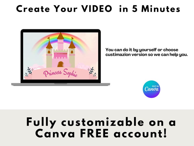 May include: A laptop screen displaying a pink castle with a rainbow arch above it. The text "Princess Sophie" is displayed below the castle. The text "Create Your VIDEO in 5 Minutes" is displayed above the laptop. The text "You can do it by yourself or choose custimization version so we can help you." is displayed to the right of the laptop. The text "Fully customizable on a Canva FREE account!" is displayed below the laptop. The text "EDIT IN Canva" is displayed in a circle below the text "You can do it by yourself or choose custimization version so we can help you."