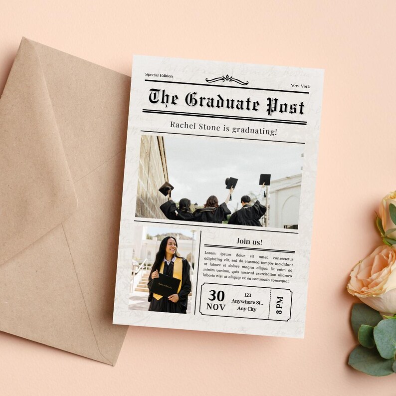 May include: A newspaper-style graduation announcement for Rachel Stone. The announcement features a photo of three people in graduation caps and gowns, and a smaller photo of Rachel Stone holding a diploma. The announcement includes the date, time, and location of the graduation ceremony.