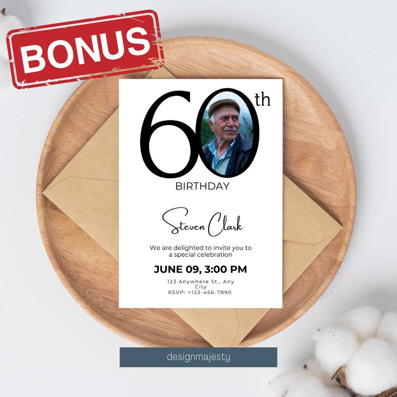 May include: A white birthday invitation featuring a black number 60 and the text "60th Birthday". The invitation includes a photograph of a man and the text "Steven Clark". The invitation also includes the date and time of the event, the address, and the RSVP details.