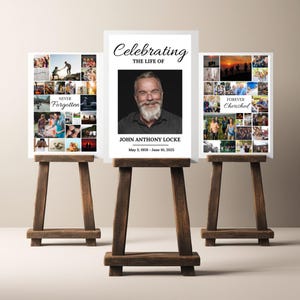 Pu&ograve; includere: Tre pannelli fotografici bianchi su cavalletti di legno, ognuno con un collage di foto e testo. Il pannello centrale recita "Celebrating the Life of John Anthony Locke May 3, 1959 - June 10, 2025" e presenta un ritratto del defunto. Il pannello sinistro recita "Never Forgotten" e il pannello destro recita "Forever Cherished".