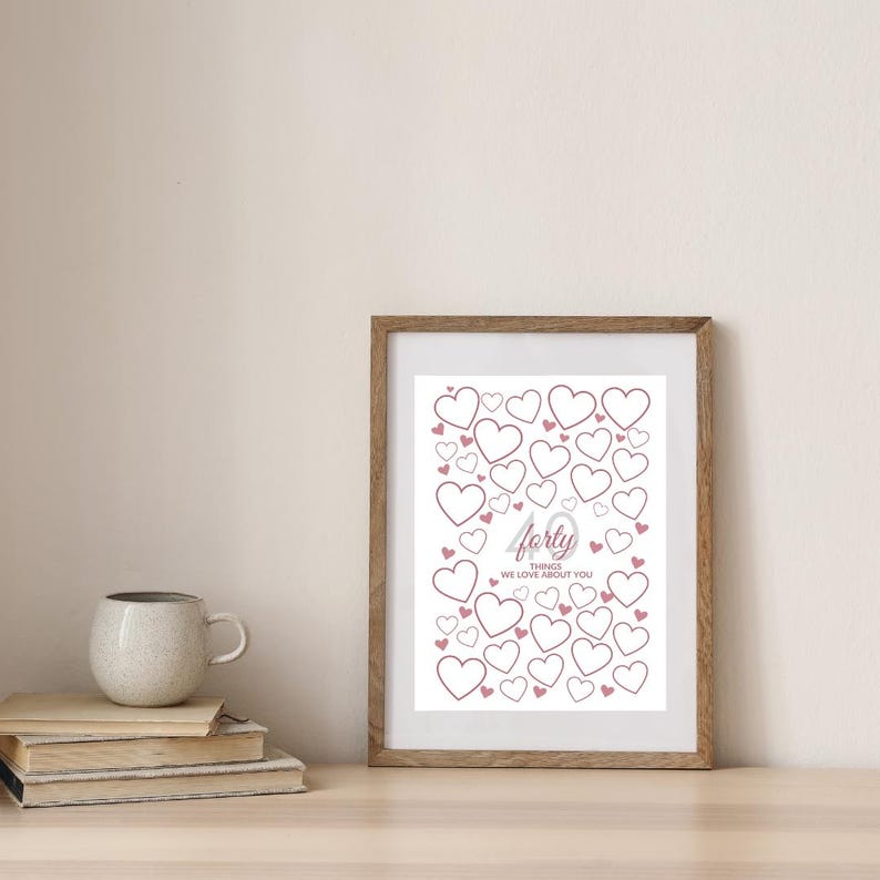May include: A framed print with a wooden frame featuring a design of hearts in varying sizes. The print includes the word "forty" in a cursive font, with the text "things we love about you" below it. A mug and books are on the table.