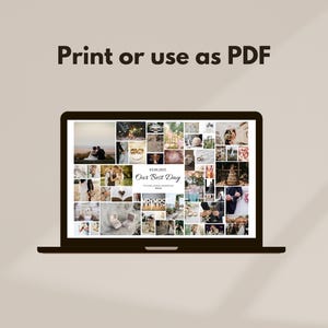 K&ouml;nnte beinhalten: Ein Laptop-Bildschirm zeigt eine Hochzeitsfotocollage mit dem Text "Our Best Day" in der Mitte. Die Collage zeigt verschiedene Hochzeitsbilder, darunter das Brautpaar, Eheringe, Blumen und Dekorationen.