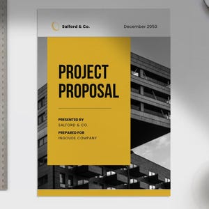 May include: A black and white photo of a building with a yellow rectangle overlay. The text "PROJECT PROPOSAL" is in black on the yellow rectangle. The text "PRESENTED BY SALFORD & CO. PREPARED FOR INGOUDE COMPANY" is also on the yellow rectangle. The text "December 2050" is in black at the top right corner of the page.