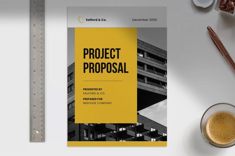 May include: A black and white photo of a building with a yellow rectangle overlay. The text "PROJECT PROPOSAL" is in black on the yellow rectangle. The text "PRESENTED BY SALFORD & CO. PREPARED FOR INGOUDE COMPANY" is also on the yellow rectangle. The text "December 2050" is in black at the top right corner of the page.