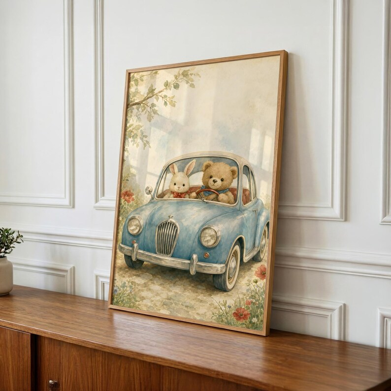 Vintage Car Nursery Wall Art, Printable Kids Room Decor, Baby Shower Gift Ideas image 1