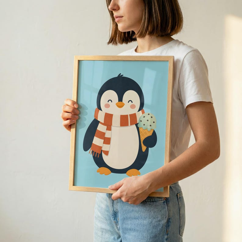 May include: A framed wall art print featuring a cartoon penguin with a black and white body, wearing an orange and white striped scarf, and holding a light green ice cream cone with chocolate chips against a solid light blue background.