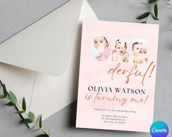 Customizable Onederful Girl 1st Birthday Invitation (Digital Download)