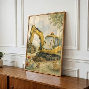 Decorazione murale per la cameretta a tema costruzioni, stampa di una scavatrice per la stanza dei bambini, regalo per neonato, download immediato immagine 1