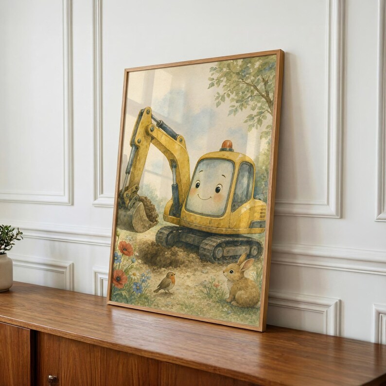 Decorazione murale per la cameretta a tema costruzioni, stampa di una scavatrice per la stanza dei bambini, regalo per neonato, download immediato immagine 1