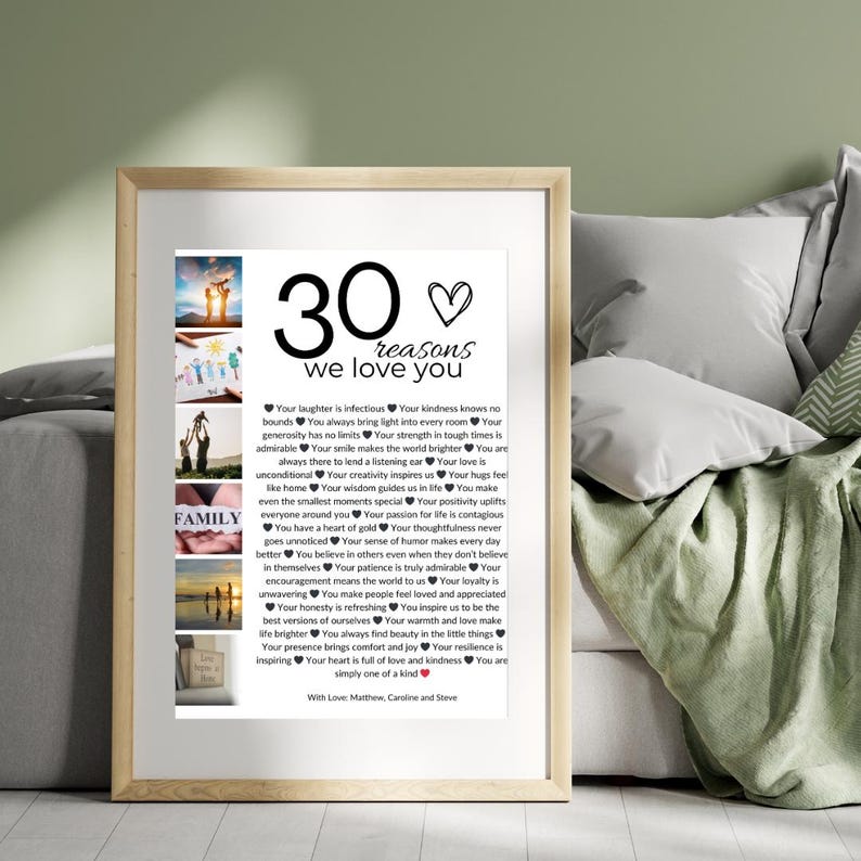 Puede incluir: Una impresi&oacute;n enmarcada con un dise&ntilde;o en blanco y negro. La impresi&oacute;n presenta un collage de fotos y una lista de 30 razones para amar a alguien. El texto dice "30 razones por las que te queremos".