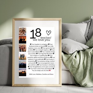 Może przedstawiać: Czarno-biały plakat do wydrukowania z 18 powod&oacute;w, aby kochać kogoś. Plakat zawiera kolaż zdjęć i tekst "18 powod&oacute;w, dla kt&oacute;rych cię kochamy" z symbolem serca. Tekst wymienia powody, takie jak "Tw&oacute;j śmiech jest zaraźliwy", "Twoja dobroć nie zna granic" i "Tw&oacute;j uśmiech rozświetla każdy pok&oacute;j". Plakat jest podpisany "Z miłością: Matthew, Caroline i Steve".