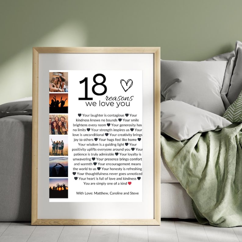 Może przedstawiać: Czarno-biały plakat do wydrukowania z 18 powod&oacute;w, aby kochać kogoś. Plakat zawiera kolaż zdjęć i tekst "18 powod&oacute;w, dla kt&oacute;rych cię kochamy" z symbolem serca. Tekst wymienia powody, takie jak "Tw&oacute;j śmiech jest zaraźliwy", "Twoja dobroć nie zna granic" i "Tw&oacute;j uśmiech rozświetla każdy pok&oacute;j". Plakat jest podpisany "Z miłością: Matthew, Caroline i Steve".
