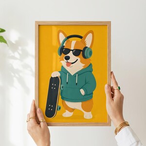 May include: A framed wall art print featuring a cartoon corgi wearing a teal hoodie, black sunglasses, and dark headphones. The corgi is standing on a solid yellow background and holding a black skateboard with white wheels in its front paw.