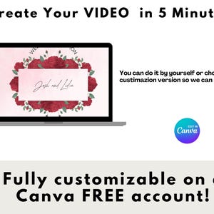 Pu&ograve; includere: Uno schermo di laptop che mostra uno sfondo rosa con un motivo floreale di rose rosse e foglie verdi. Il testo "Josh and Lila" &egrave; scritto in nero su un rettangolo bianco al centro dello schermo. Il testo "Create Your VIDEO in 5 Minutes" &egrave; nella parte superiore dell'immagine. Il testo "Fully customizable on a Canva FREE account!" &egrave; nella parte inferiore dell'immagine. Il testo "EDIT IN Canva" &egrave; in un cerchio blu con un contorno bianco.