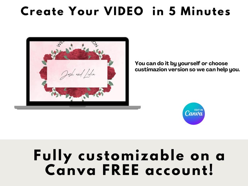 Pu&ograve; includere: Uno schermo di laptop che mostra uno sfondo rosa con un motivo floreale di rose rosse e foglie verdi. Il testo "Josh and Lila" &egrave; scritto in nero su un rettangolo bianco al centro dello schermo. Il testo "Create Your VIDEO in 5 Minutes" &egrave; nella parte superiore dell'immagine. Il testo "Fully customizable on a Canva FREE account!" &egrave; nella parte inferiore dell'immagine. Il testo "EDIT IN Canva" &egrave; in un cerchio blu con un contorno bianco.