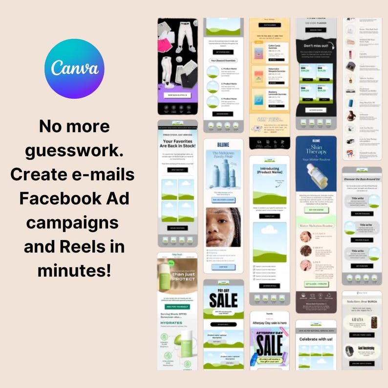K&ouml;nnte beinhalten: Werbebild mit dem Canva-Logo und Beispielen f&uuml;r E-Mail-Vorlagen, Facebook-Werbekampagnen und Reels. Der Text lautet: "Kein R&auml;tselraten mehr. Erstellen Sie E-Mails, Facebook-Werbekampagnen und Reels in Minuten!"