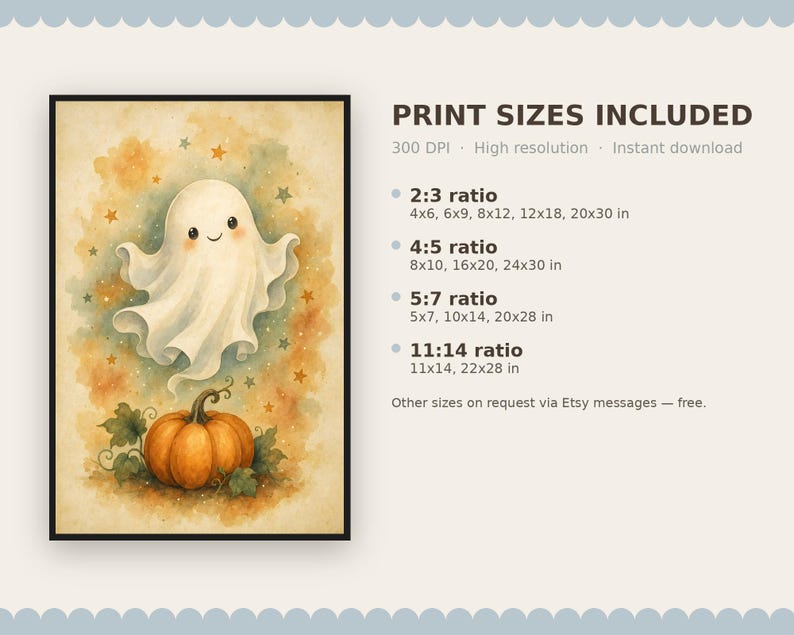 May include: A digital art print featuring a white ghost floating above an orange pumpkin surrounded by small stars on a watercolor background. Text lists print sizes in inches for 2:3, 4:5, 5:7, and 11:14 ratios, noting 300 DPI resolution.