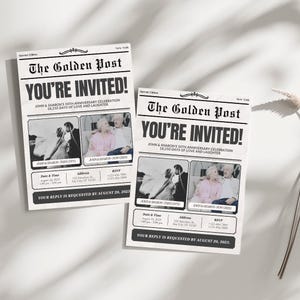 Peut inclure: Une invitation de style journal noir et blanc pour une c&eacute;l&eacute;bration de 50e anniversaire. Le titre principal indique "Vous &ecirc;tes invit&eacute;s !" et le texte ci-dessous indique "C&eacute;l&eacute;bration du 50e anniversaire de John et Sharon 18 250 jours d'amour et de rires". L'invitation comprend deux photos du couple, l'une de leur jour de mariage et l'autre de nos jours.