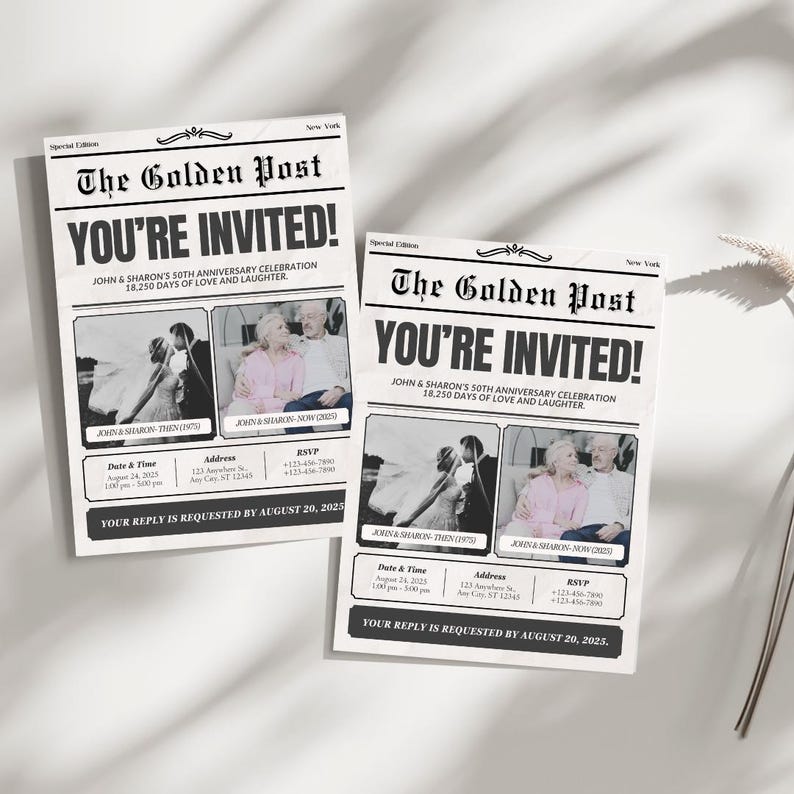 Peut inclure: Une invitation de style journal noir et blanc pour une c&eacute;l&eacute;bration de 50e anniversaire. Le titre principal indique "Vous &ecirc;tes invit&eacute;s !" et le texte ci-dessous indique "C&eacute;l&eacute;bration du 50e anniversaire de John et Sharon 18 250 jours d'amour et de rires". L'invitation comprend deux photos du couple, l'une de leur jour de mariage et l'autre de nos jours.