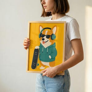 May include: A rectangular framed print featuring a cartoon illustration of a tan and white Corgi dog wearing a teal hooded sweatshirt, black sunglasses, and teal headphones, while holding a black skateboard against a solid yellow background.