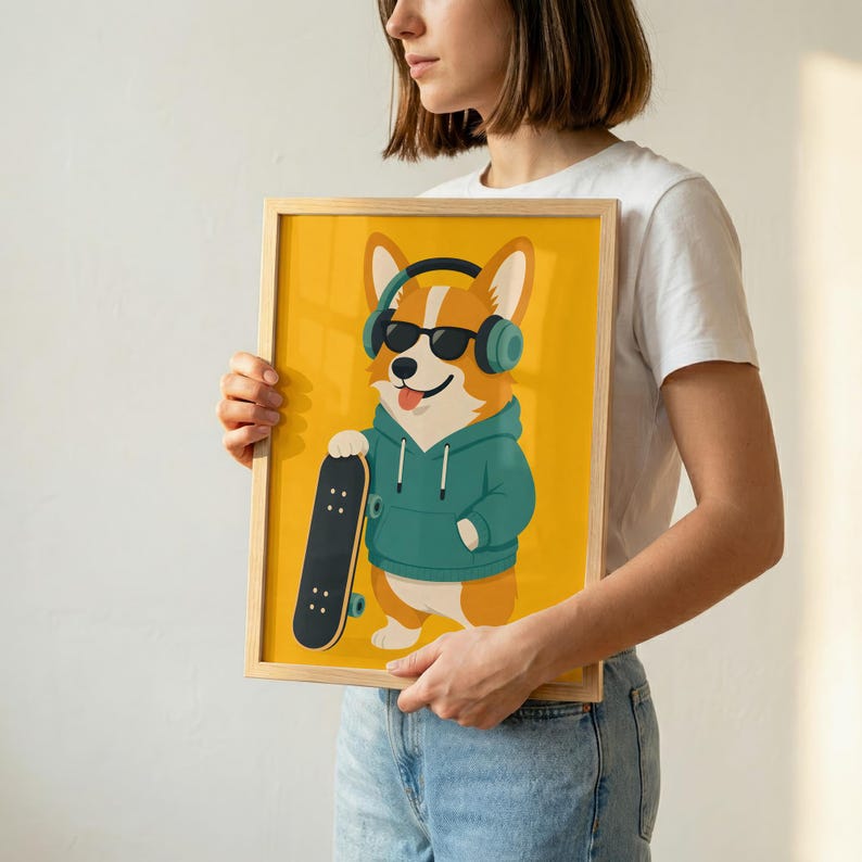 May include: A rectangular framed print featuring a cartoon illustration of a tan and white Corgi dog wearing a teal hooded sweatshirt, black sunglasses, and teal headphones, while holding a black skateboard against a solid yellow background.