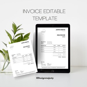 May include: A black and white invoice template with the text "Invoice Editable Template" at the top. The invoice is for John Smith Lanter and includes a logo, billing information, a description of services, rates, hours, and amounts. The total amount is $3355.00.