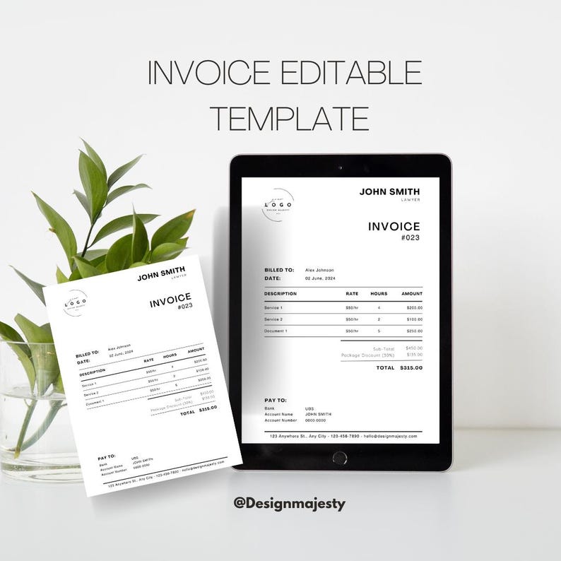 May include: A black and white invoice template with the text "Invoice Editable Template" at the top. The invoice is for John Smith Lanter and includes a logo, billing information, a description of services, rates, hours, and amounts. The total amount is $3355.00.