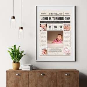 May include: A newspaper-style birthday announcement for a baby named John turning one year old. The announcement includes photos of John, his birth stats, and a message to the reader. The headline reads "John is turning one".