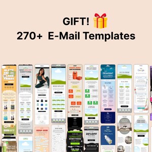 K&ouml;nnte beinhalten: Werbebild mit dem Text "GIFT!" und "270+ E-Mail Templates." Das Bild zeigt eine Sammlung von E-Mail-Vorlagen mit verschiedenen Designs und Werbeangeboten, darunter "Black Friday", "Save 20% Off Everything" und "BOGO 50% Off."