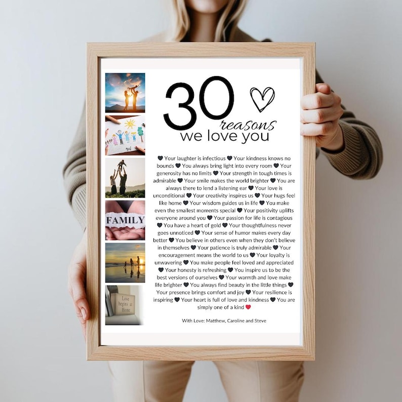Puede incluir: Una impresi&oacute;n enmarcada blanca con un collage de fotos en blanco y negro de una familia. La impresi&oacute;n presenta una lista de 30 razones por las que la familia ama a la persona en las fotos. El texto dice "30 razones por las que te queremos".
