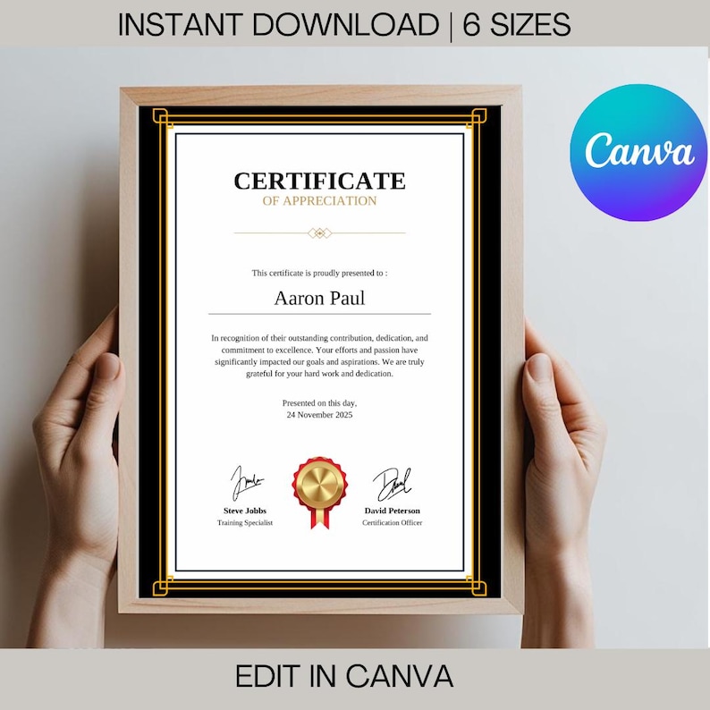 May include: A black and gold certificate of appreciation with a gold seal. The certificate is framed and reads "Certificate of Appreciation" and "Aaron Paul".