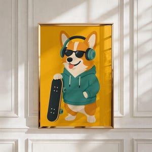 May include: A framed wall art print featuring a cartoon corgi dog wearing black sunglasses and teal headphones. The corgi is dressed in a teal hooded sweatshirt and is holding a black skateboard. The background is a solid, vibrant yellow color.