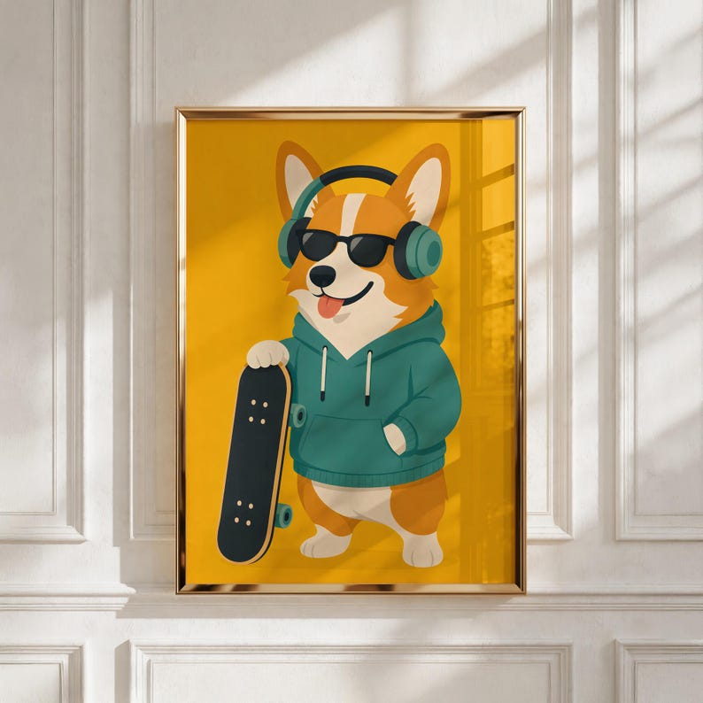 May include: A framed wall art print featuring a cartoon corgi dog wearing black sunglasses and teal headphones. The corgi is dressed in a teal hooded sweatshirt and is holding a black skateboard. The background is a solid, vibrant yellow color.
